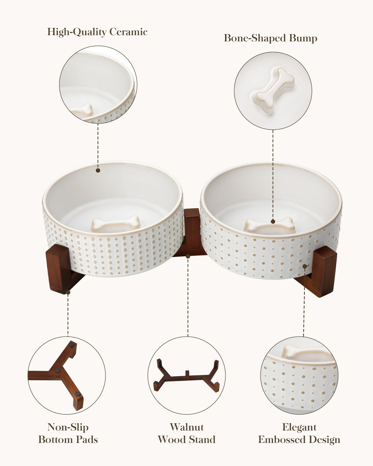Dog Bowl Set Ceramic Bowls with Walnut Wood Stand (Rhombic+Polka Dots / 4 Cups)