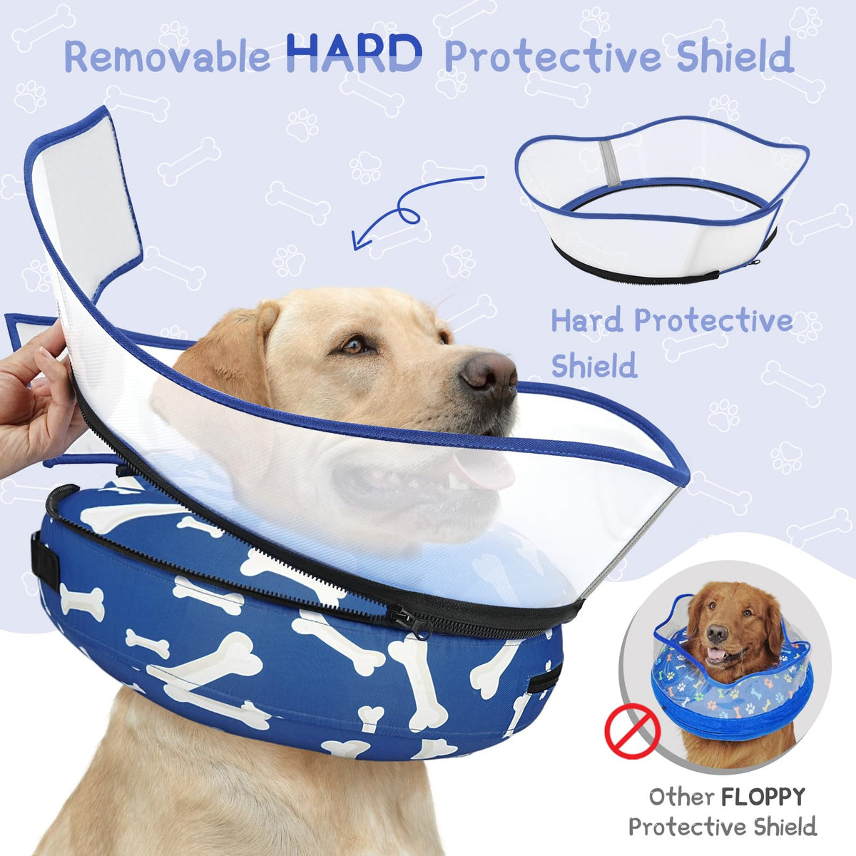 Raised Inflatable Dog Cone Collar to Stop Licking (T Bone Navy / L(Neck 12"-16"))