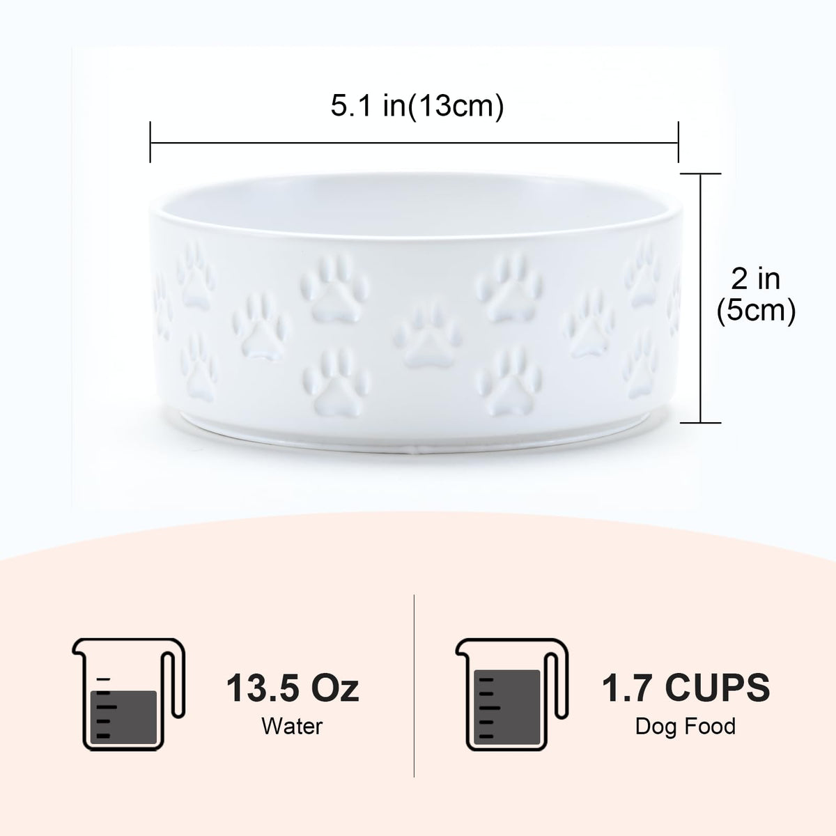Ceramic Dog and Cat Bowls 2 Pack (5.1 in - 1.7 cups / Paw White - Only Bowls*2)