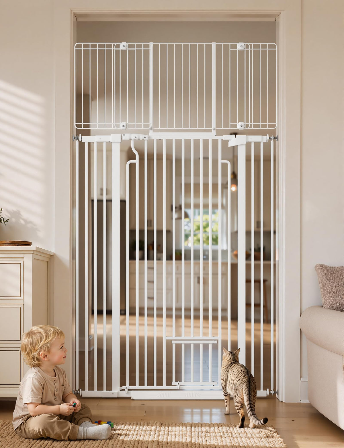 71in Extra Tall Pet Gate with Small Cat Door (White / 71" Tall, 29.5-40.6" Wide)