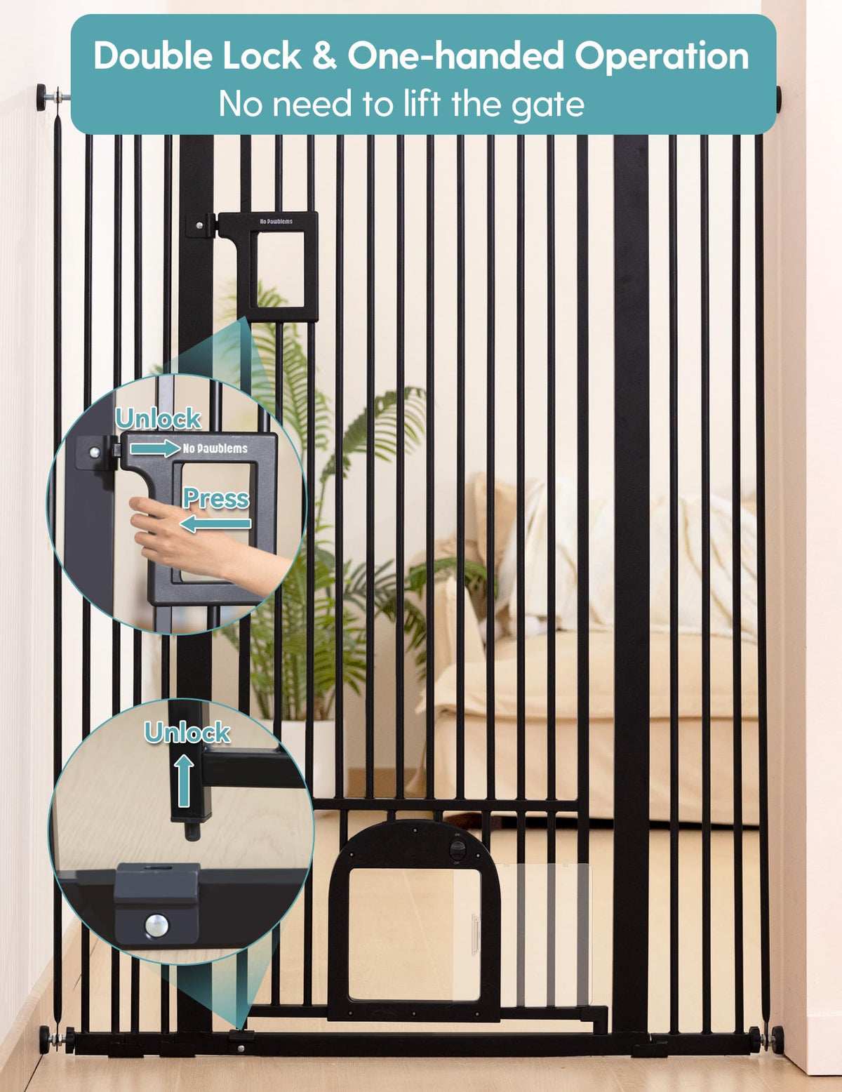 55" Extra Tall Pet Gate with Cat Door (Black - P / 55" Tall, 29-43" Wide)