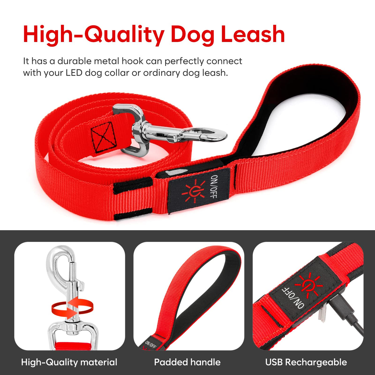 LED Light Up Dog Leash 3 Lighting Modes USB Rechargeable (Red-KX)