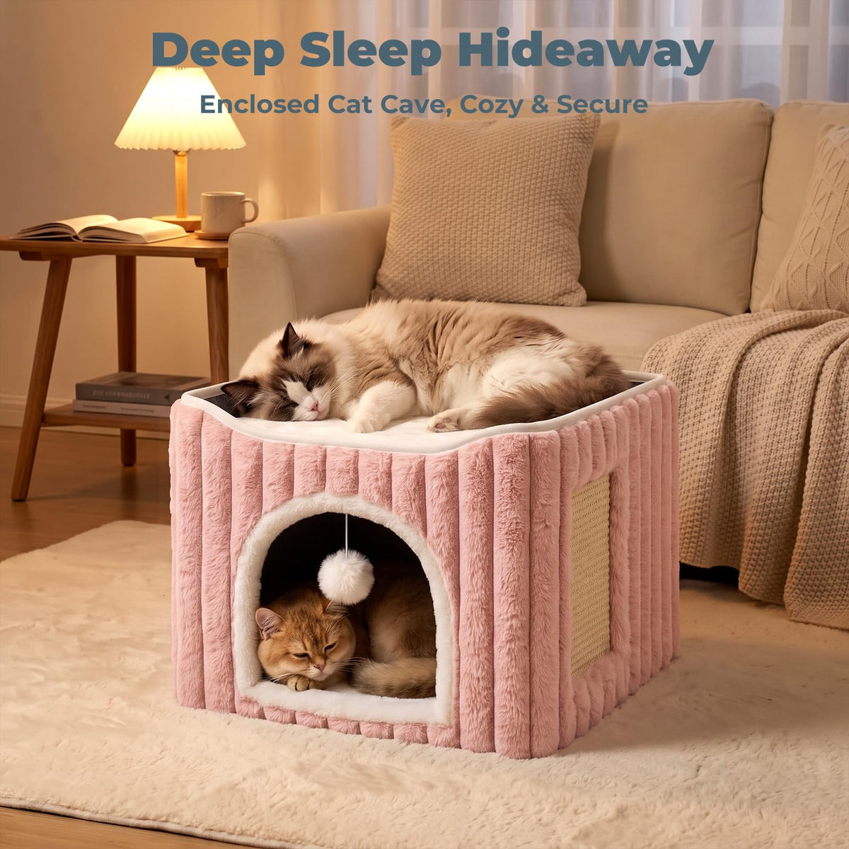 3-in-1 Cat Cave Bed for Indoor Cats with Scratch Pad (Pink)