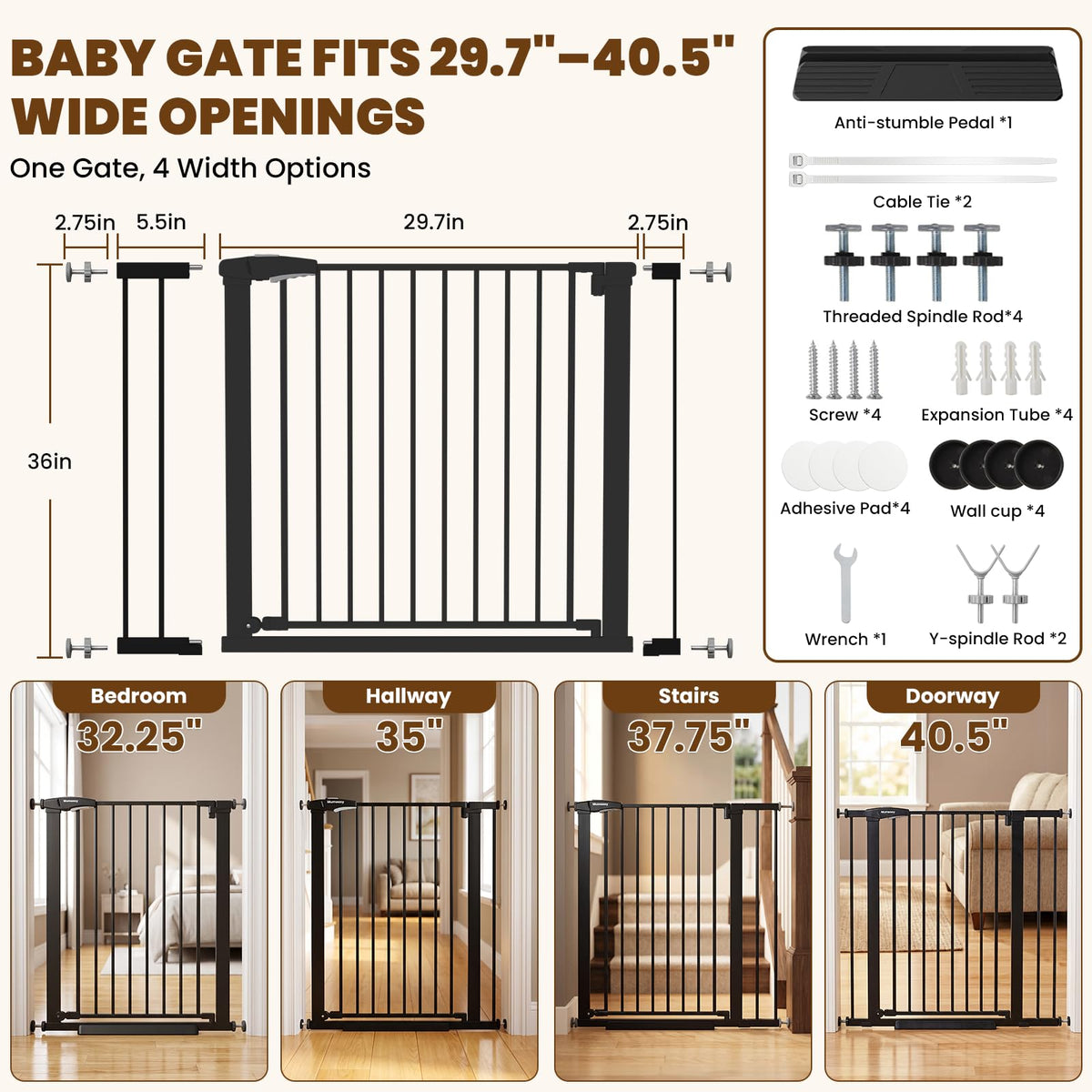 36" Extra Tall Dog Gate (Black / 29.7-40"W x 36"H)