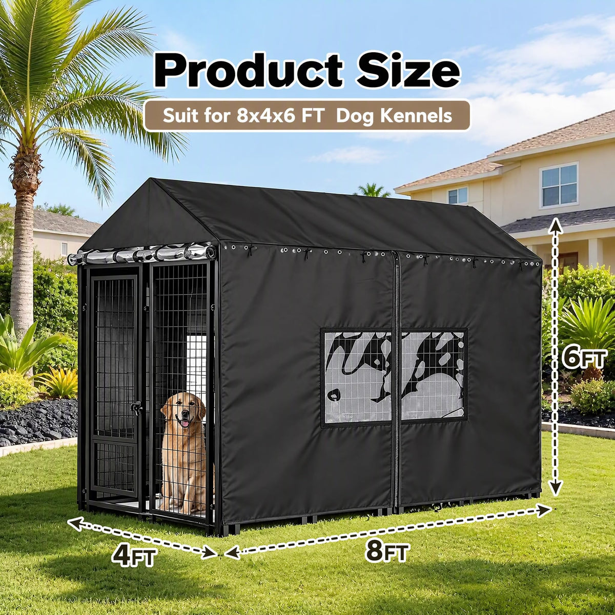 Outdoor Dog Kennel Cover 8x4x6ft with Clear PVC Windows & Roll (8'Dx4'Wx6'H)