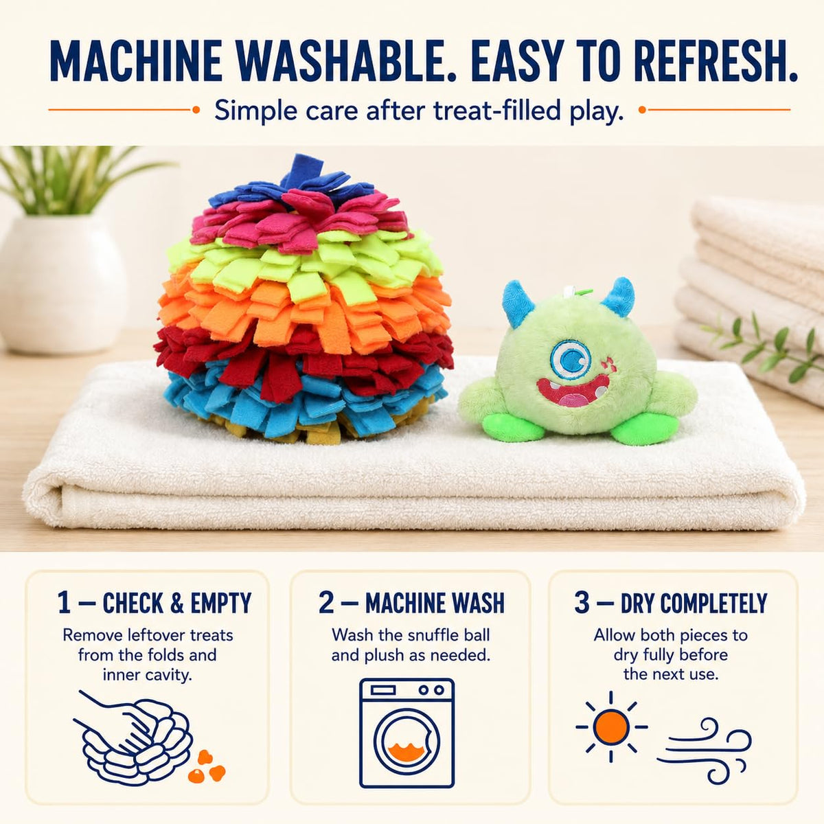 2-in-1 Snuffle Ball for Dogs with Removable Plush Toy and Built-in Storage, Interactive Dog Puzzle Toy for Treat Hiding & Slow Feeding, Machine Washable Dog Enrichment Set (Rainbow-colored / Large)