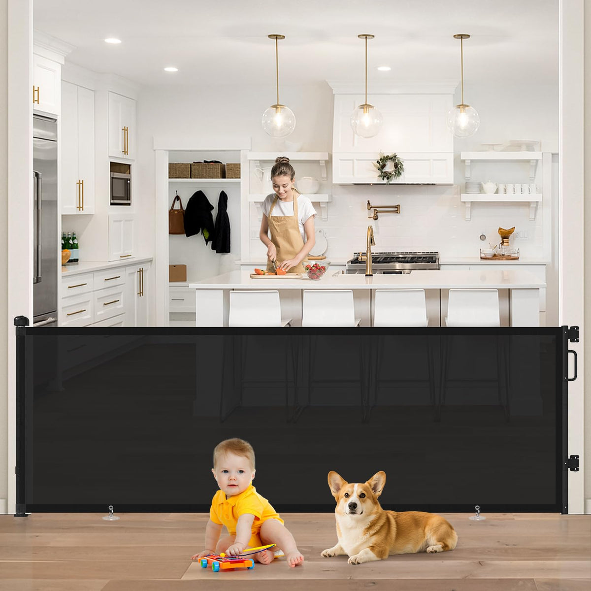 96" Retractable Baby Gate (Black / 34" Tall x 96" Wide)