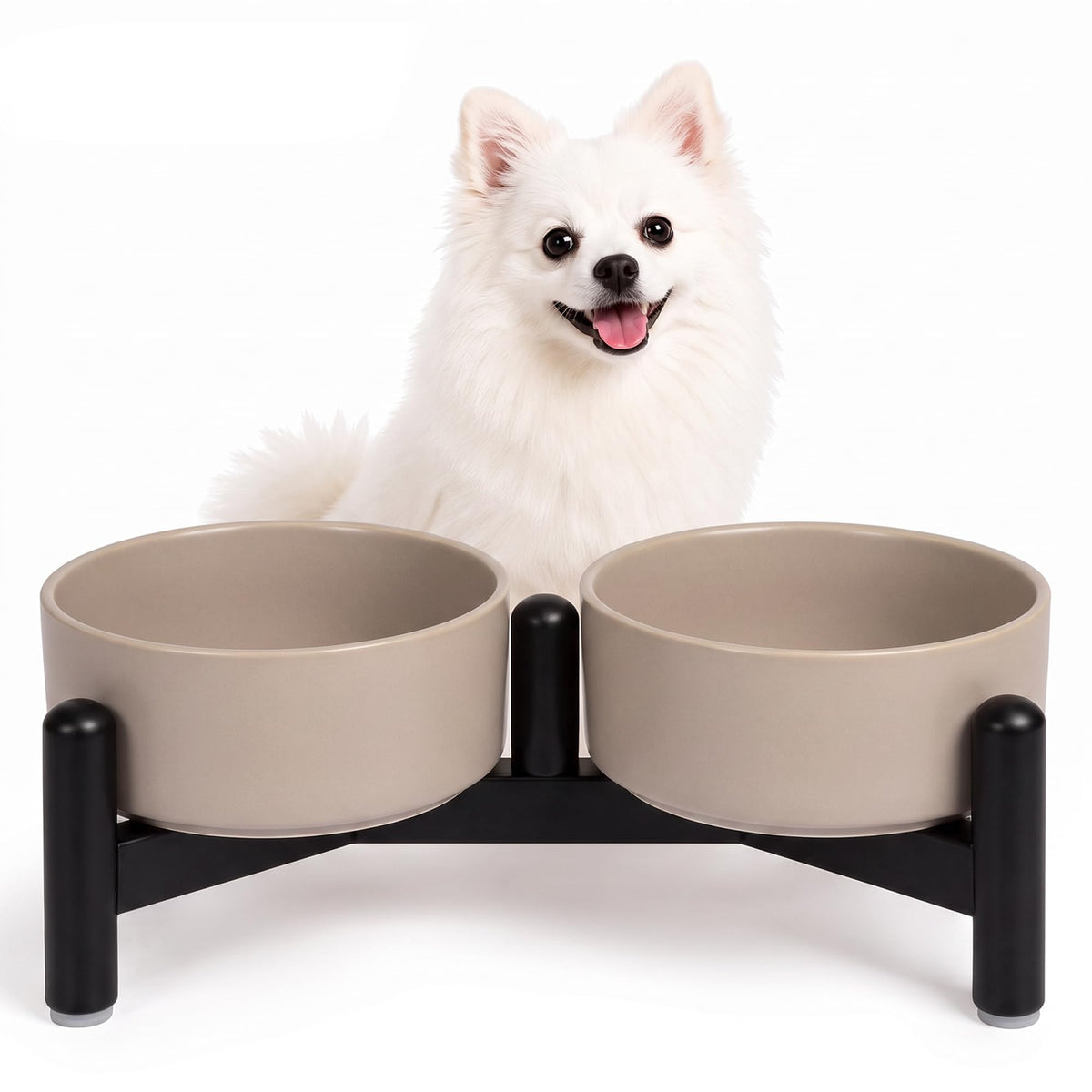 Raised Ceramic Dog Bowl Set with Stand (Light Gray / 2 Bowls - 1.6 Cups Each)