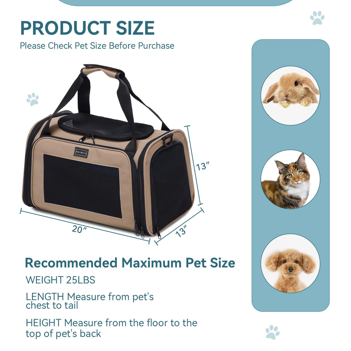 Soft Sided Cat Carrier for Medium Cats up to 25 lbs (20.0"L x 13.0"W x 13.0"H / New Khaki)