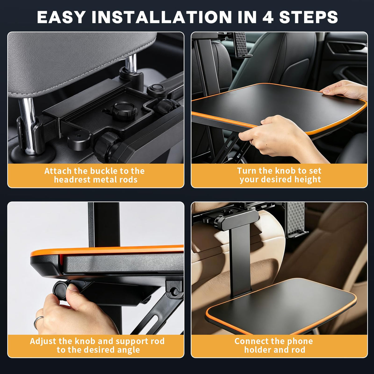 Large Car Tray Table for Back Seat with Adjustable Height (Orange)