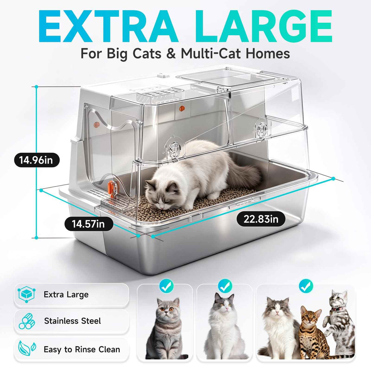 XL Enclosed Stainless Steel Litter Box (Grey-Covered XL.)