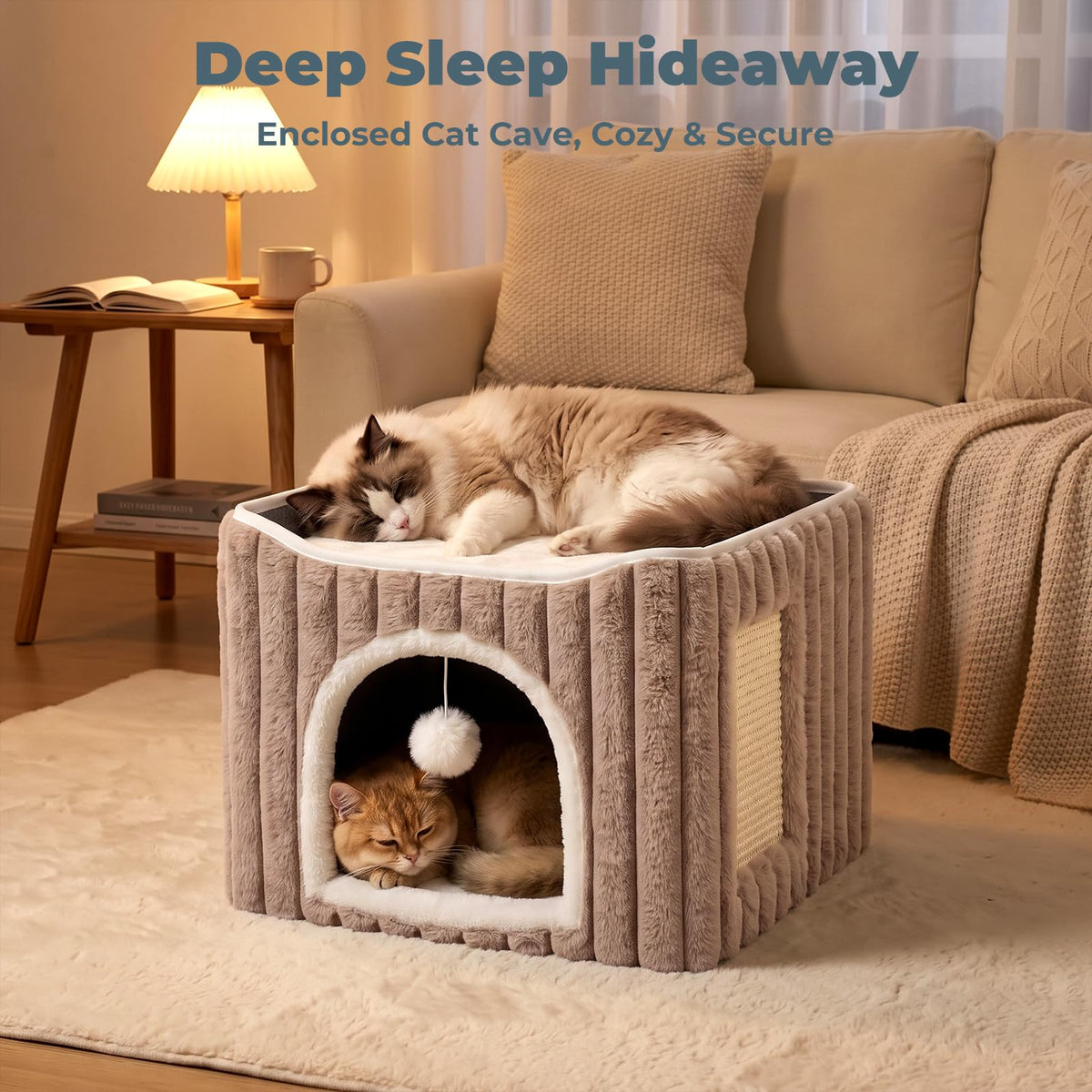 3-in-1 Cat Cave Bed for Indoor Cats with Scratch Pad (Lightbrown)