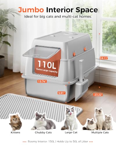 XXL Stainless Steel Cat Litter Box with Lid (Light Gray / 23" L × 16" W × 18" H)