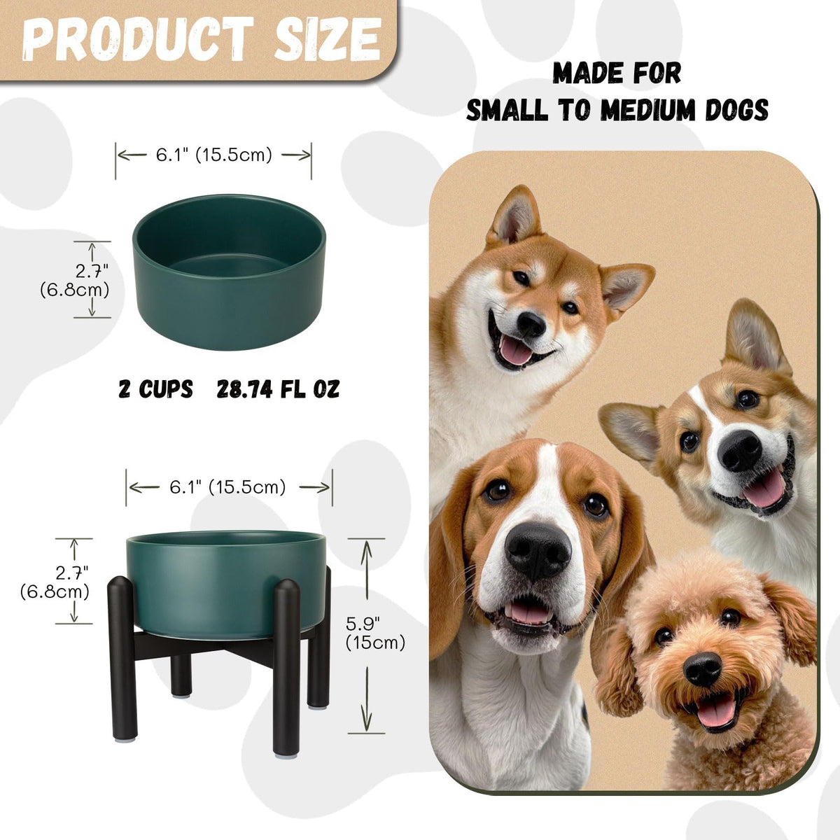 Raised Ceramic Dog Bowl Set with Stand (Green / 1 Bowl - 3.5 Cups)