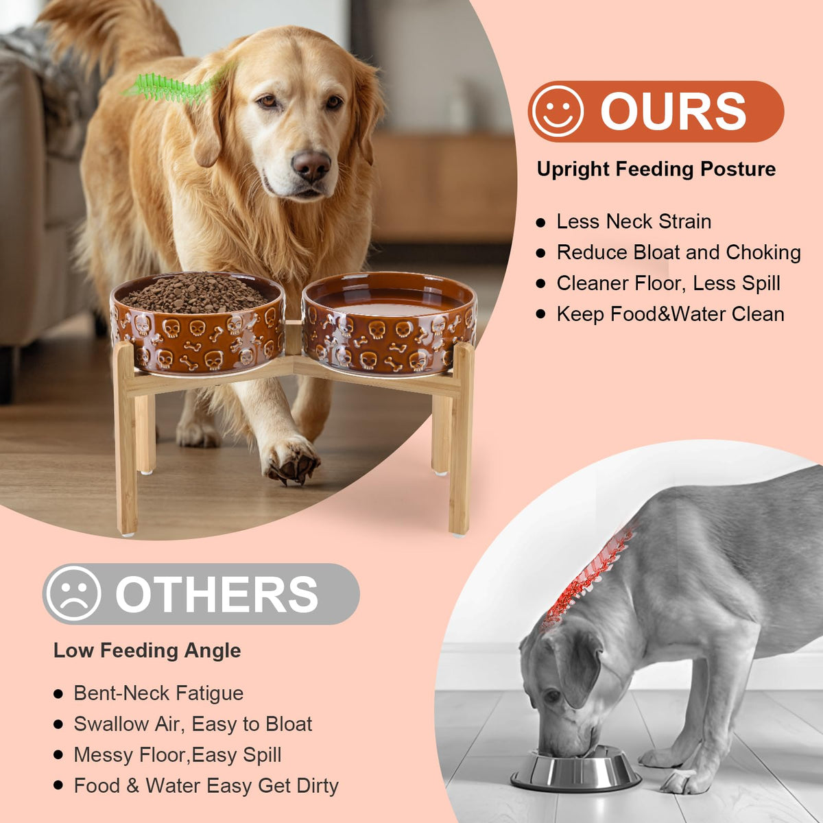 Elevated Dog Bowls Ceramic (8.3 in - 7.6 cups / Bronze - Skull)