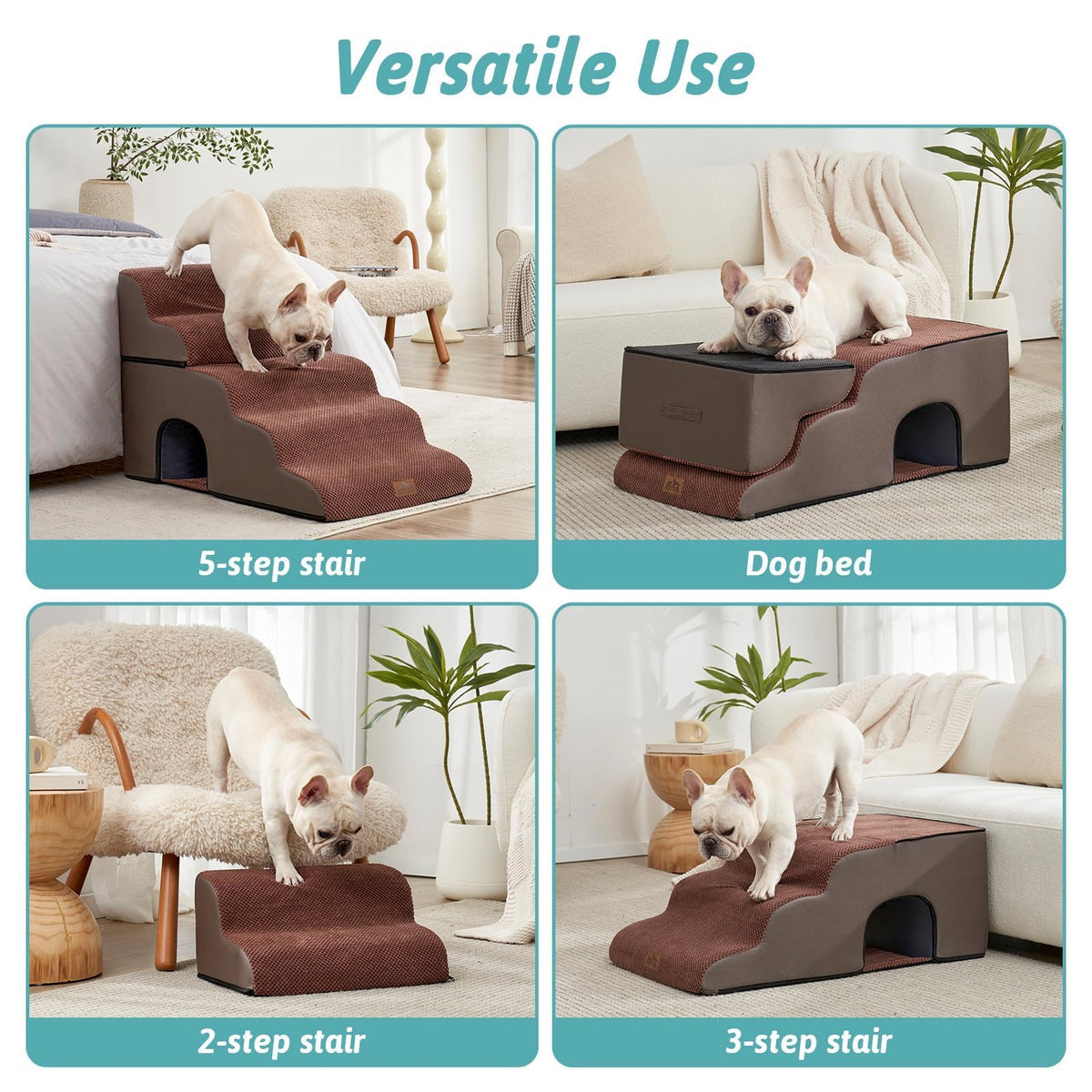 Extra Wide Small Dog Stairs with Tunnel (Brown / Detachable 19.7" x 33" x 22.4")