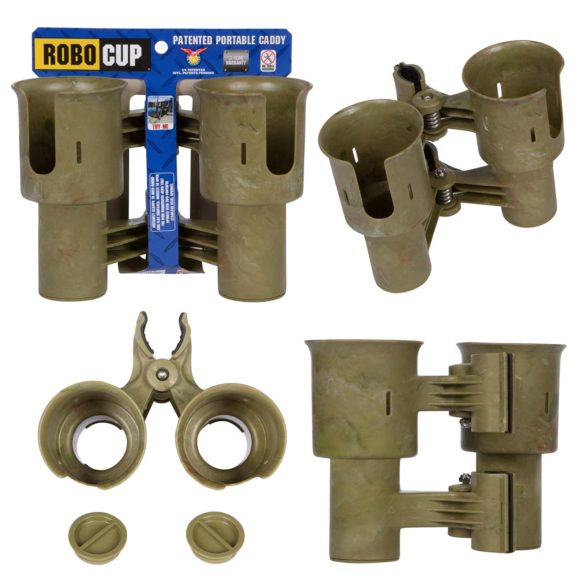 Camo), Patented Boat Cup Holder, Clamp on Portable Storage Caddy Securely Holds 2 Drinks, Fishing Poles, Tools, Marine Gear | Perfect for Boating, Beach Umbrellas, Golf Carts (Camo / Standard Spring)