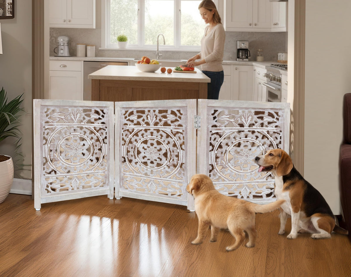 Wooden Foldable Pet Dog Gate (White Wash / 3 Panel)