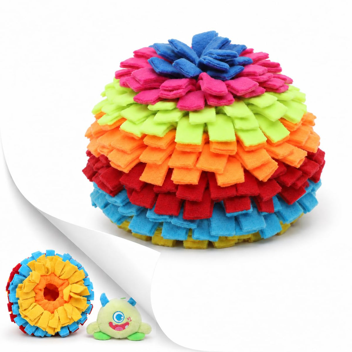 2-in-1 Snuffle Ball for Dogs with Removable Plush Toy and Built-in Storage, Interactive Dog Puzzle Toy for Treat Hiding & Slow Feeding, Machine Washable Dog Enrichment Set (Rainbow-colored / Large)