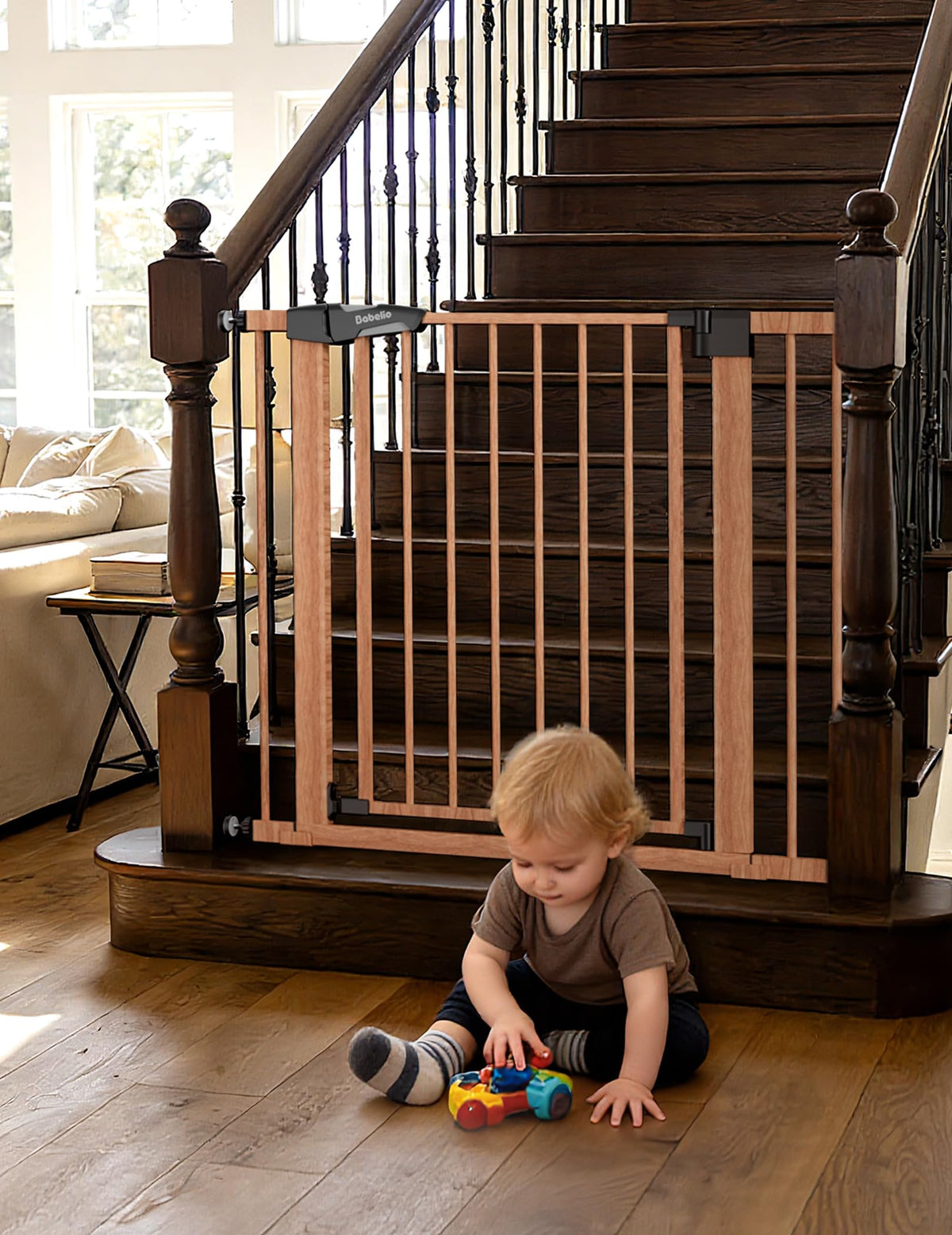 26 40 in Pressure Mounted Baby Gate for Stairs (Brown Wood Pattern / 30"Tall 26"-40" Wide)
