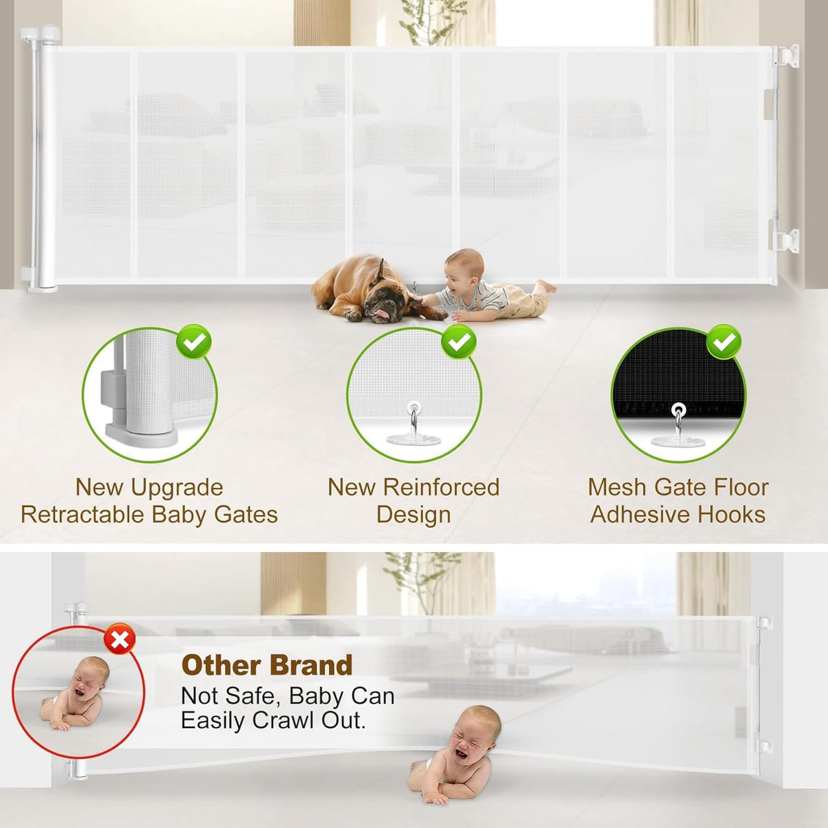 100 inch Reinforced Retractable Baby Gates 34 inch Tall (White / 34" Tall x 100" Wide)