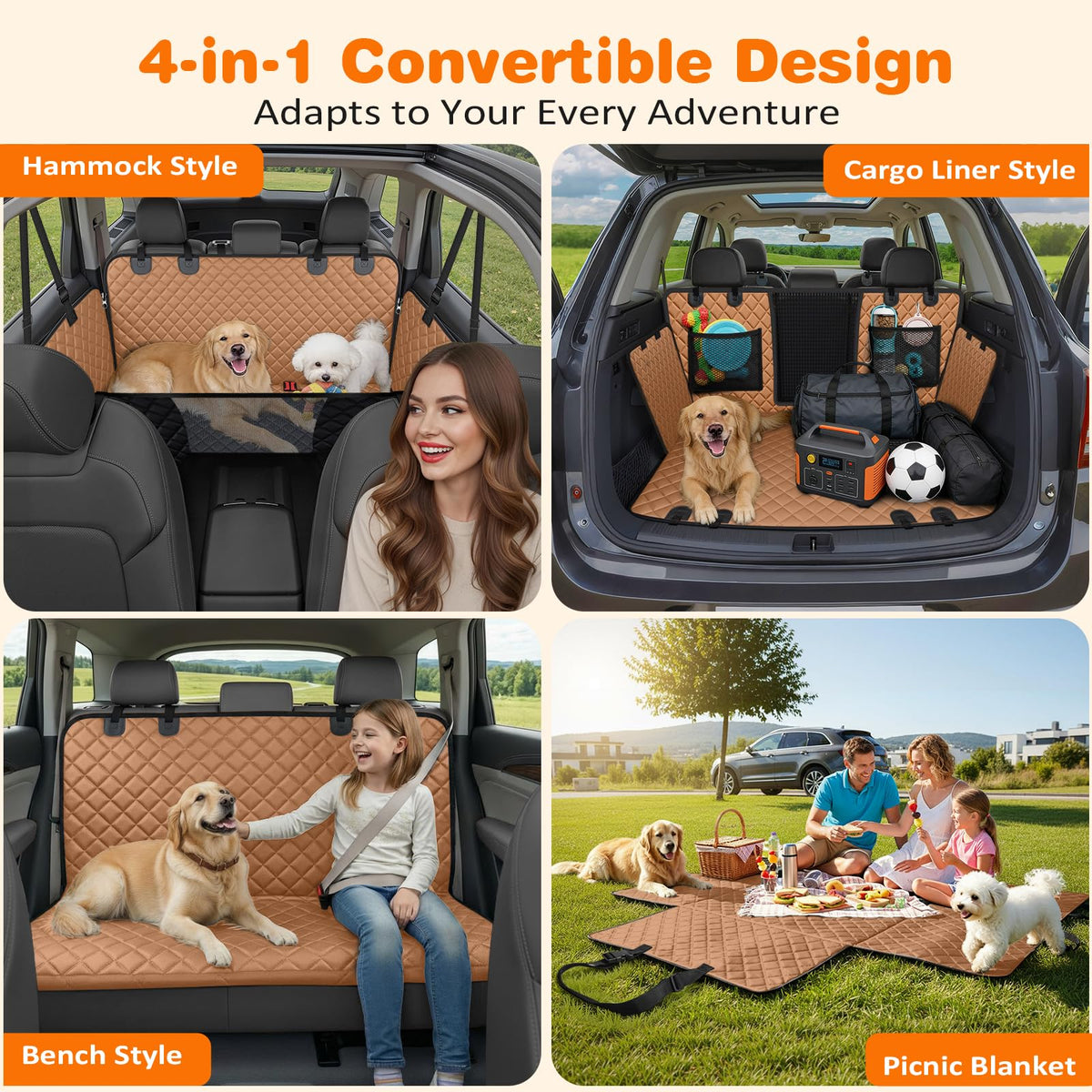 4 in 1 Dog Car Seat Cover for Back Seat (Brown / Standard)