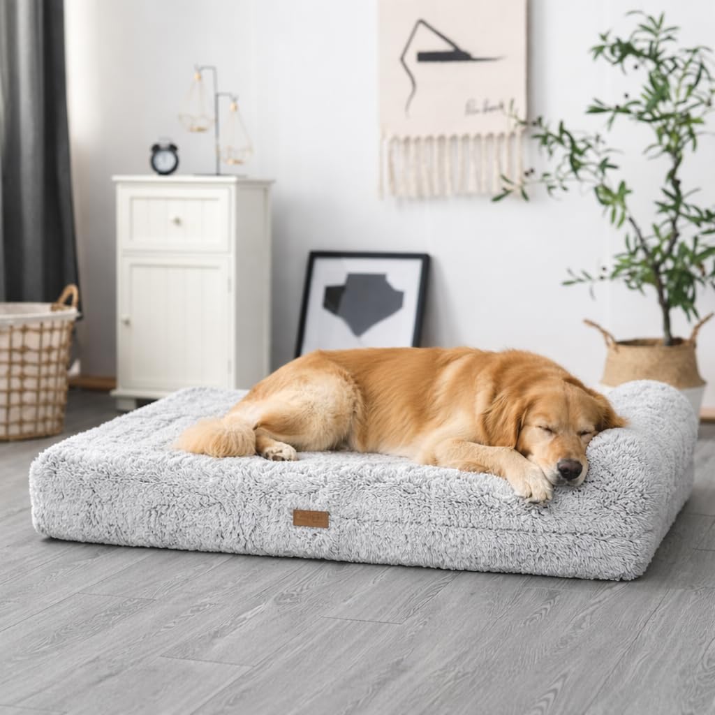 Orthopedic Memory Foam Dog Bed 7" Inch Thick Extra Large Dog Bed with Pillow Fluffy Grey 50"x34"x10" Includes Waterproof Liner & Durable Removable Cover with Smart Design (Grey - Fluffy / XL - 50"x34"x10")