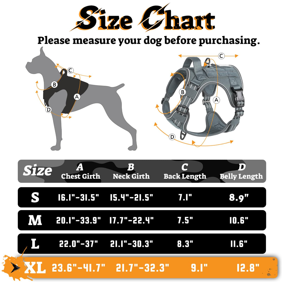 Tactical Dog Harness for Large Dogs (Xl(chest:23.6"-41.8",neck:21.7"-32.3",back:9.1") / Grey)
