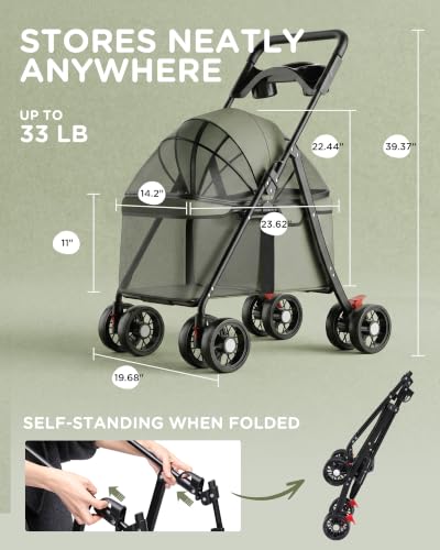 Foldable Pet Stroller for Small Dogs and Cats (Forest Green)