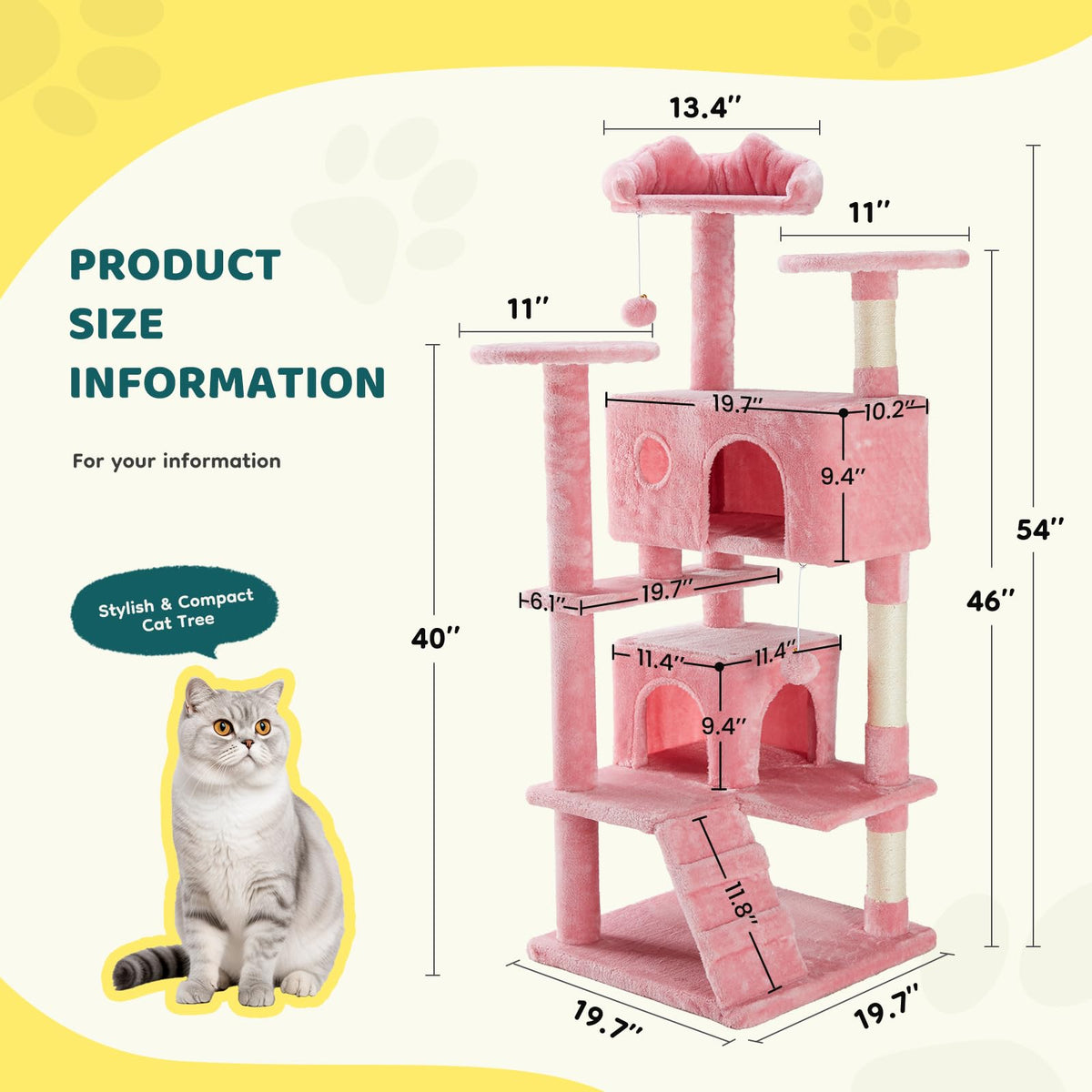 54 inch Cat Tree Tower with Scratching Posts (Pink / 54×19.7×19.7IN)