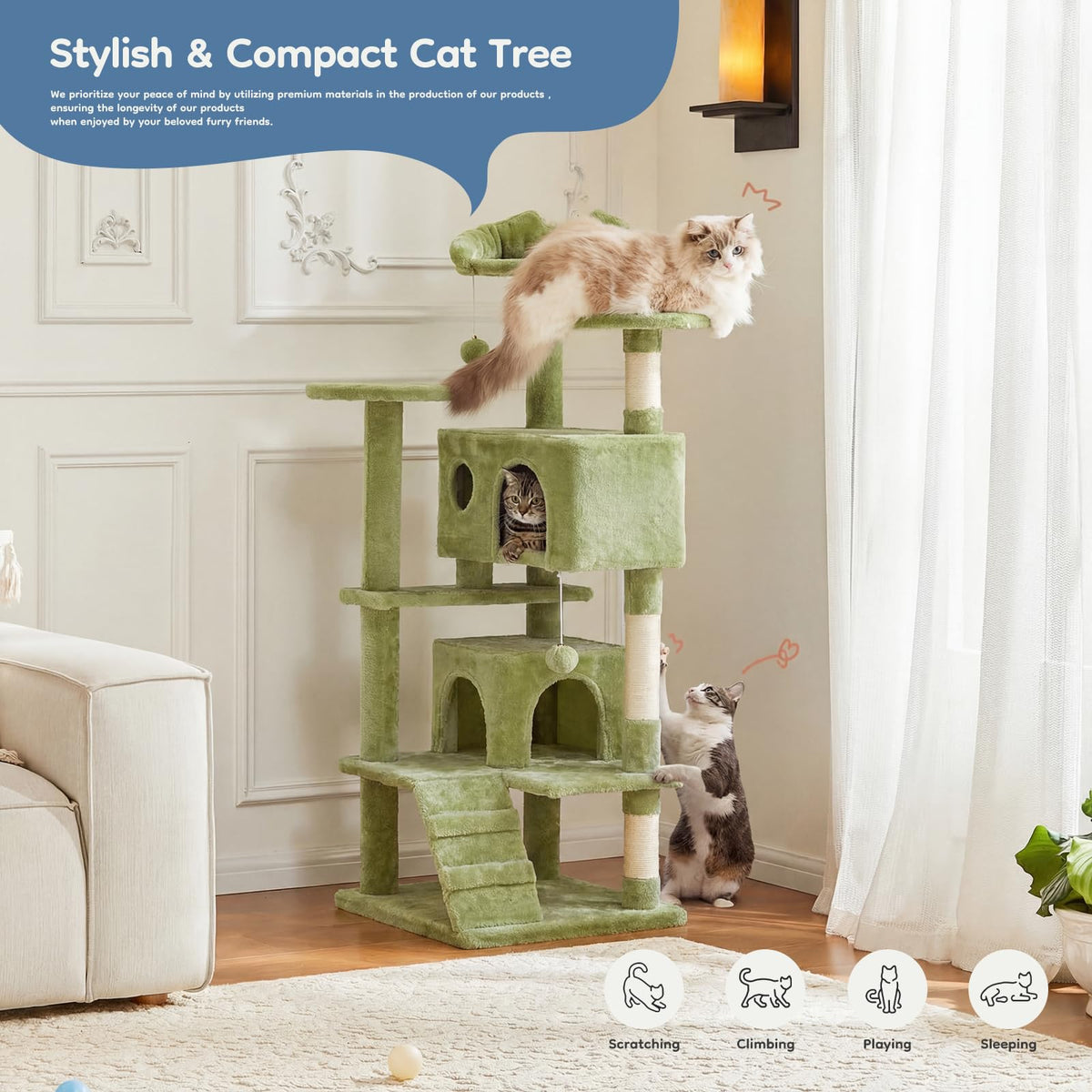 54 Inch Cat Tree Tower with Natural Sisal Scratching Post (Green / 54IN)