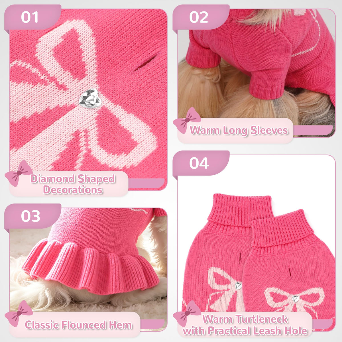 Bowknot Dog Sweater Dress for Small Dogs Girl (Medium (8-14lbs) / Rose Pink)