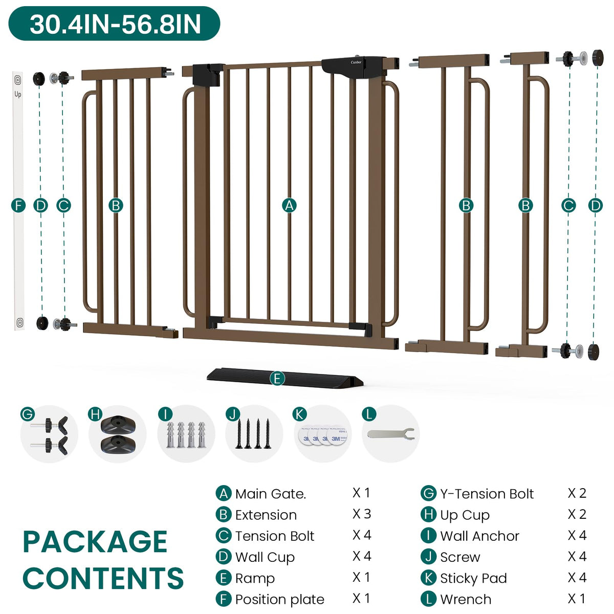 30.4 56.8" Extra Wide Baby Gate (Brown / 30.4"-56.8" W x 30.5" H)
