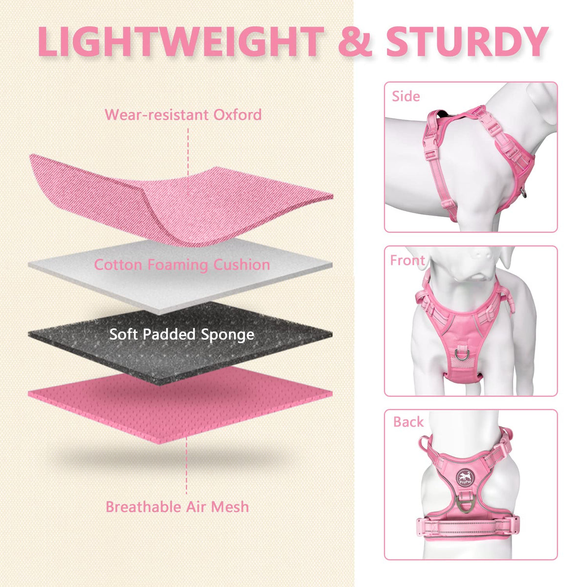 No Pull Dog Harness (Medium / Light Pink(Matching Trim))