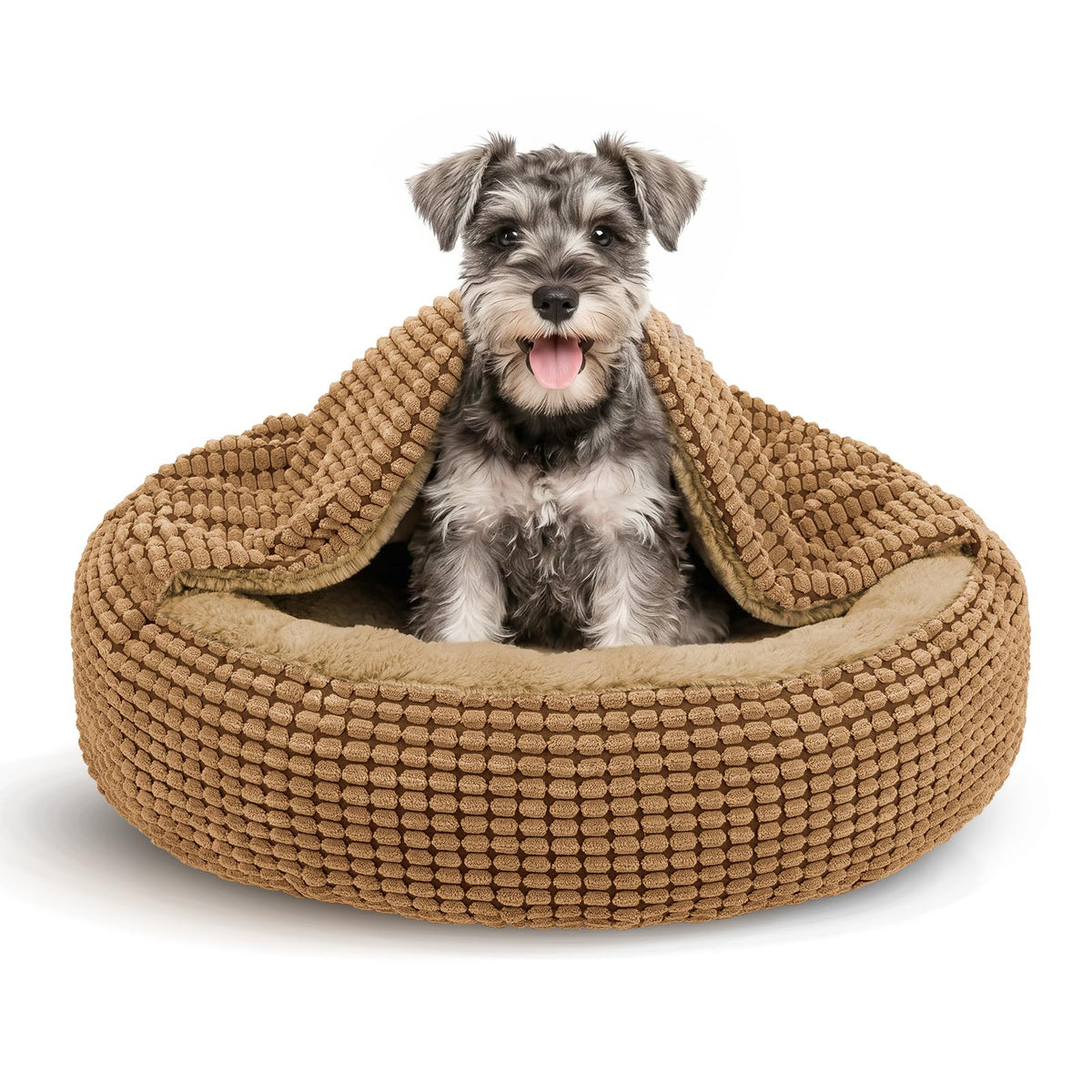 Small Dog Bed with Attached Blanket (Light Brown / S (23''x23''x7''))
