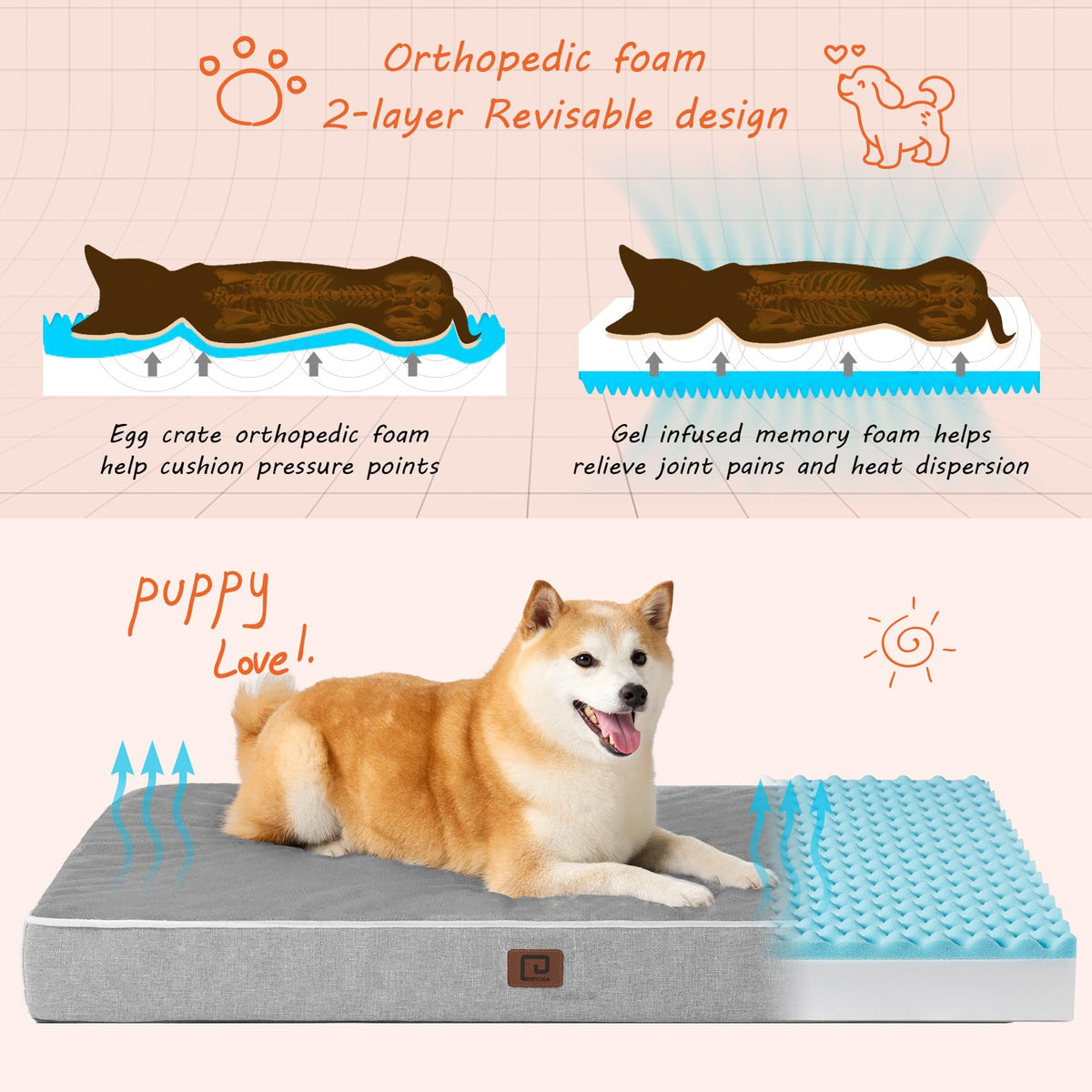 Large Washable Dog Crate Bed with Memory Foam (Grey / 35*23*3 Inches)